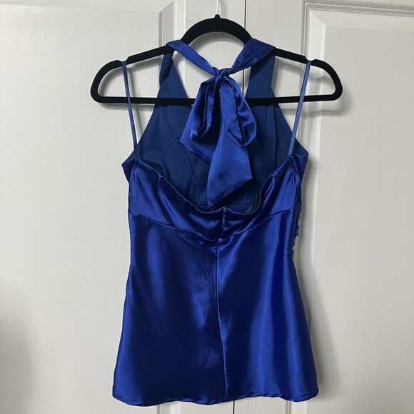 Y2K Le Chateau Halter Top Womens S Blue Satin Tie Up 2000s Made in Canada Prom - Picture 2 of 7